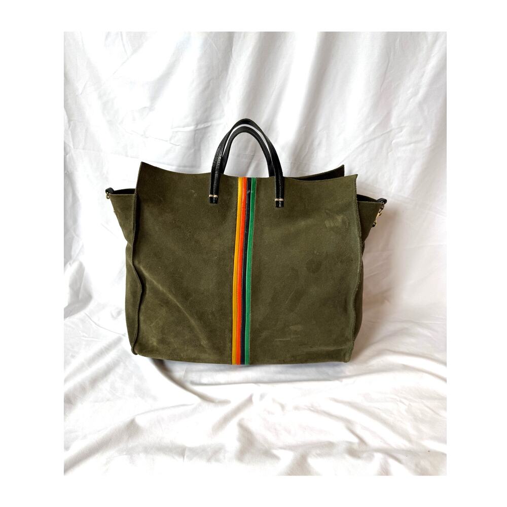 Clare V Large Simple Tote Bag Olive Army Green Suede Multicolor Center Stripe - Picture 3 of 9